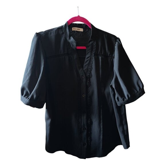 Grace Karin Women's Short Puff Sleeve Black Button Down V Neck Pleated Shirt XL - Picture 5 of 13